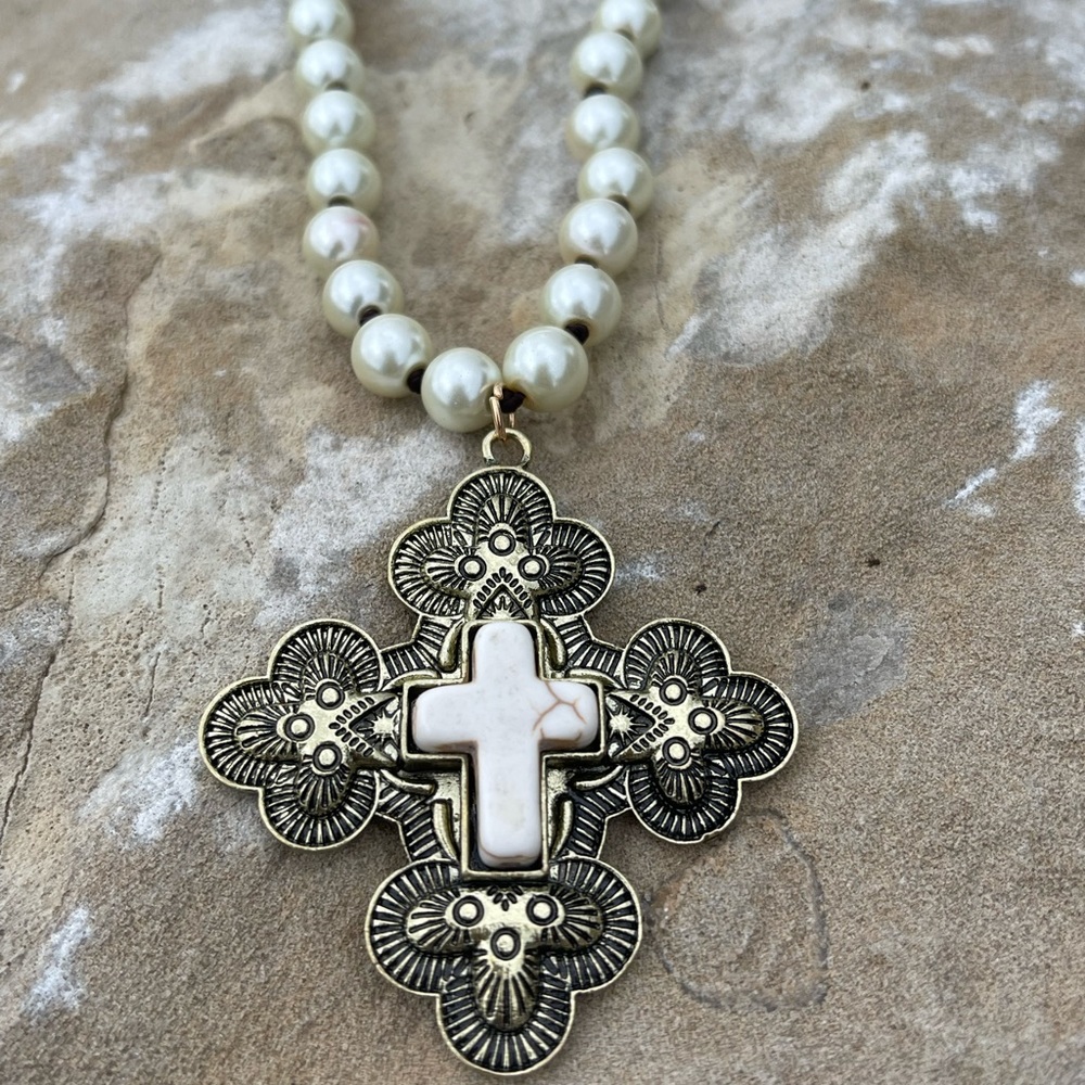 Rustic Elegance Western Boho Festival Stone Cross Necklace, Faux Pearl 32” Stand
